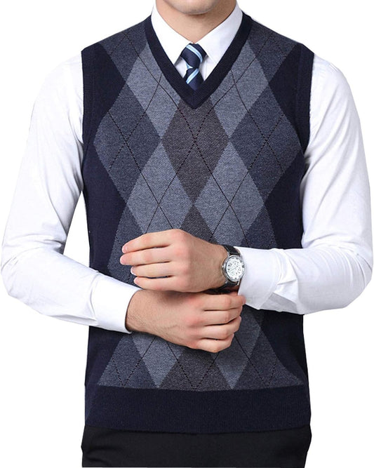 Flygo Men's Slim V-Neck Argyle Sleeveless Pullover Sweater Knitted Business Golf Vest