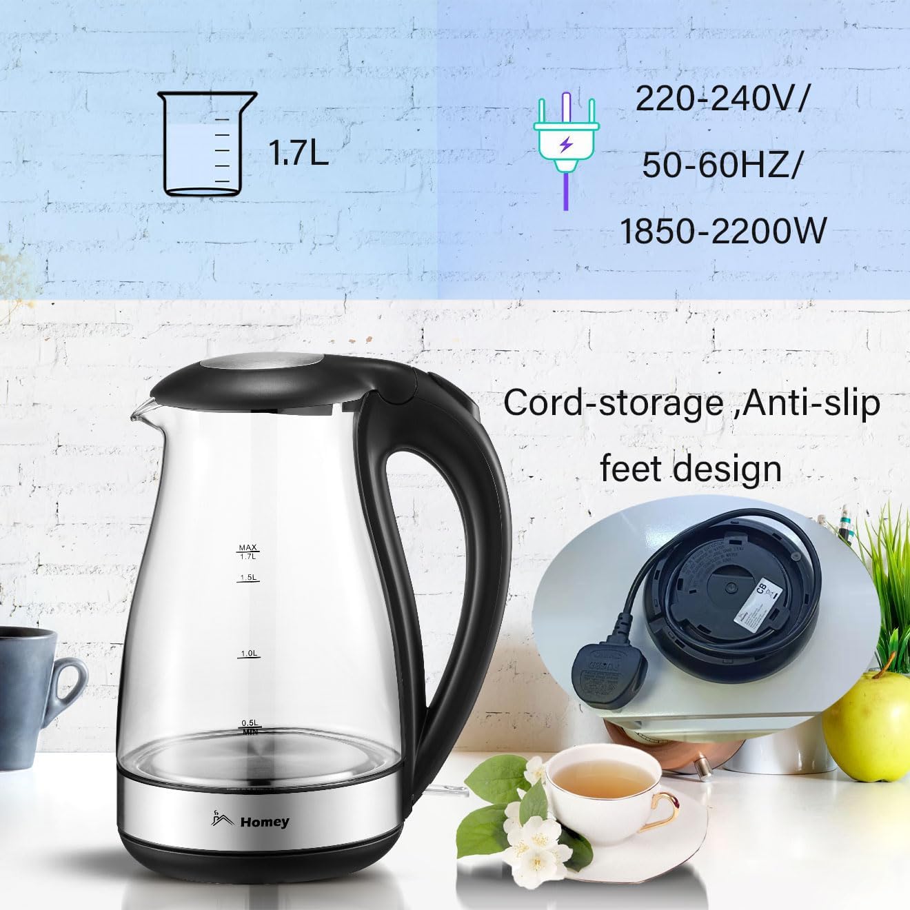 Homey Electric Glass Kettle 1.7L Capacity, 1850-2200W, Auto Shut-Off, Boil Dry Protection,Water Heater Kettle