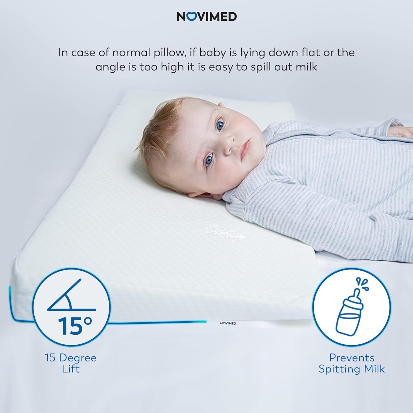 NOVIMED Universal Baby Wedge Pillow for Reflux, GERD, Breathing Difficulty, Regurgitation And Good Sleep, Fits Baby Mattress And Crib With Washable Cover (Width 68cm)