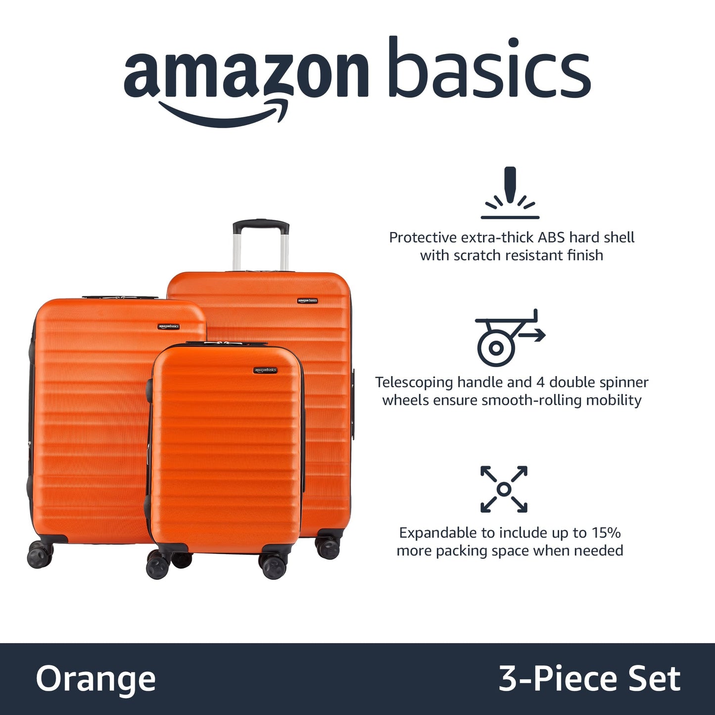 Amazon Basics 3-Piece Set Hardside Spinner- 20/24/28 Inch (50/60/71 cm) Material: ABS, Orange