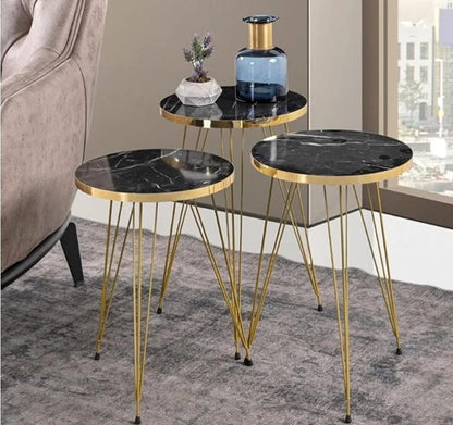 LHFHOMT- Round Coffee table set Nesting Coffee Table Set of 3 Pieces, Wooden Top, Gold Metal legs End Table Desk for Living Room, Balcony, Office, Sofa Side (White - Black Lines)