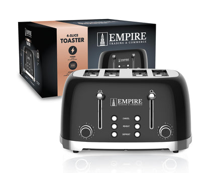 Empire Toaster 4 Slice 1600W, Black Stainless Steel Toaster for Various Bread Types, Dual Control Panels for Reheat, Defrost, Cancel, and Self-Centering Functions, 4 Slice Toaster with Crumb Tray