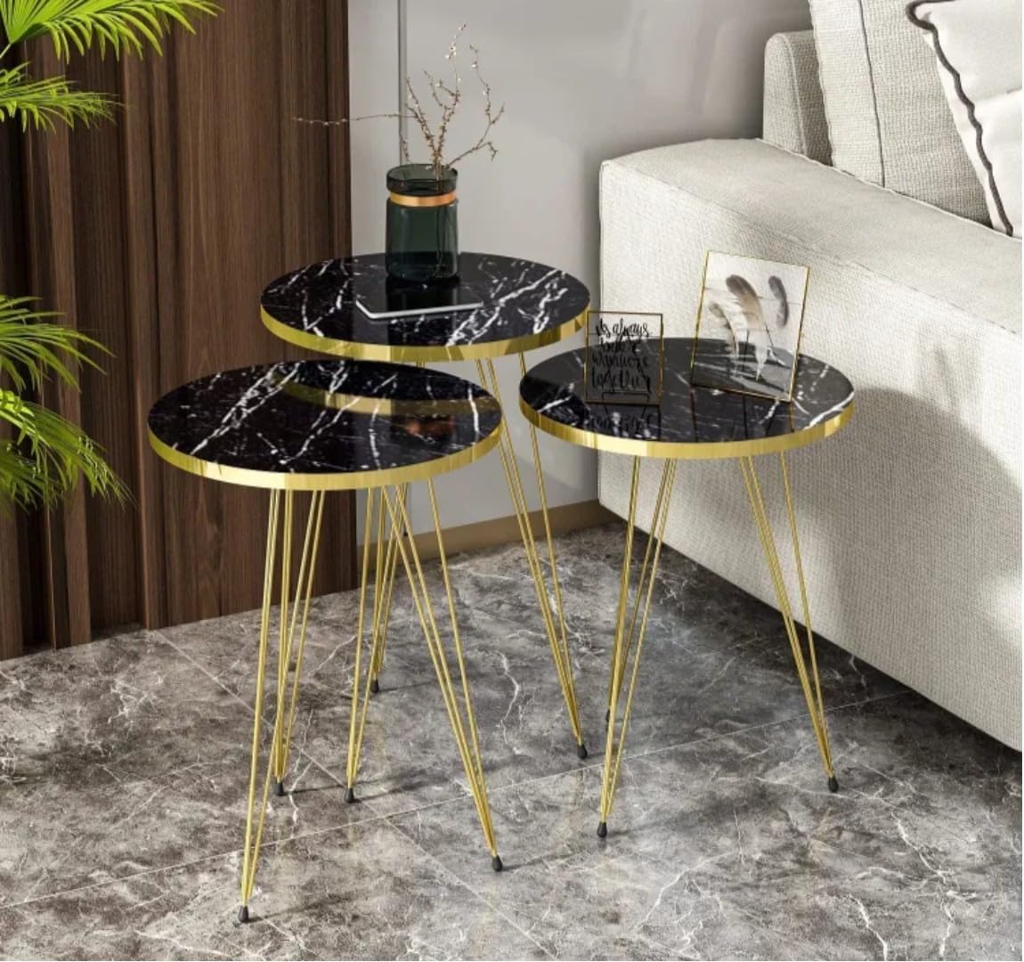 LHFHOMT- Round Coffee table set Nesting Coffee Table Set of 3 Pieces, Wooden Top, Gold Metal legs End Table Desk for Living Room, Balcony, Office, Sofa Side (White - Black Lines)