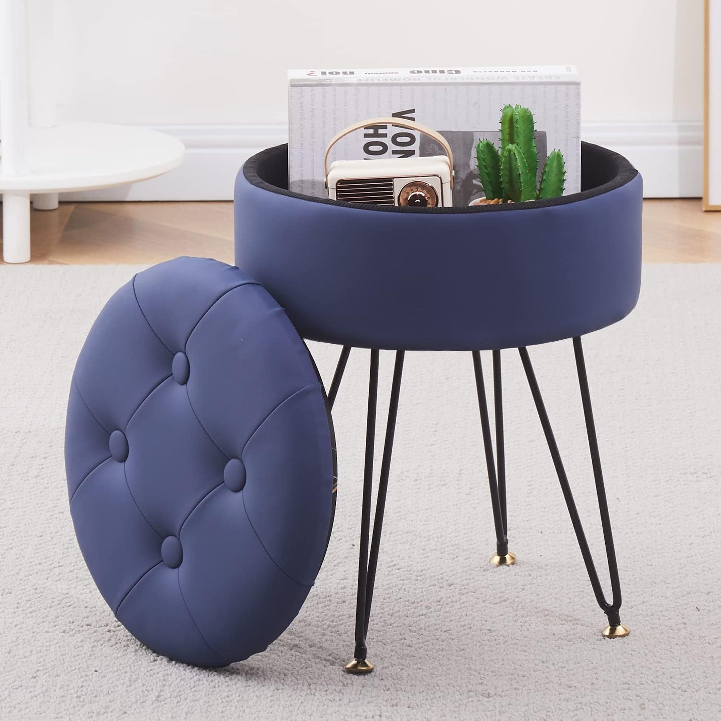 Cpintltr Faux Leather Storage Ottoman Round Footrest Stool Multifunctional Upholstered Ottoman with Metal Legs Modern Vanity Stools Tray Top Coffee Table Suitable for Living Room Bedroom Black