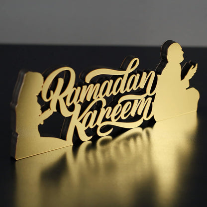 E World | Wooden Acrylic Islamic Tabletop Decors | Ramadan Kareem and Eid Mubarak Decoration | Islamic Muslim Gifts | Ramadan Eid Decoration | (Ramadan Kareem-1, Gold)