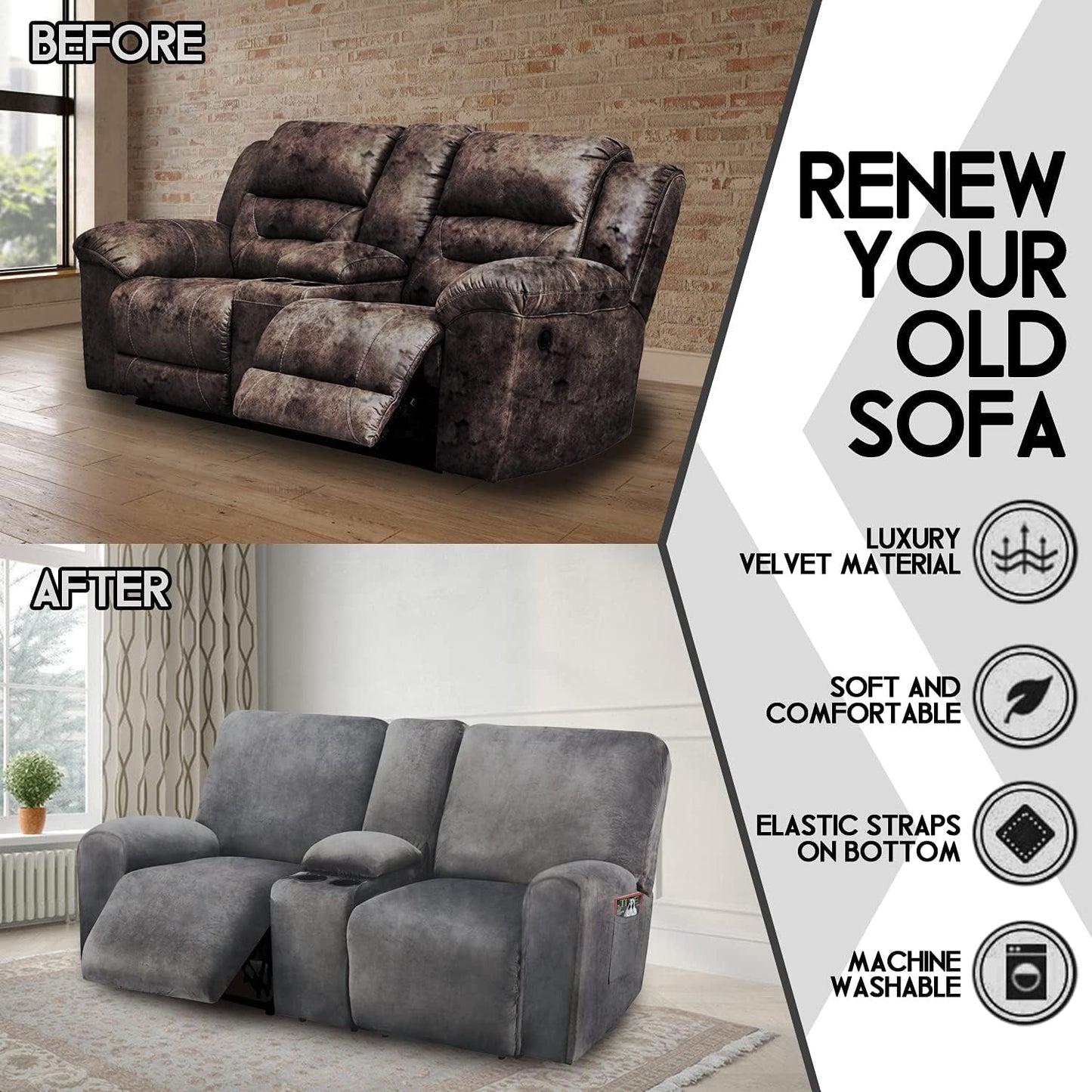 ULTICOR Reclining Loveseat with Middle Console Slipcover, 8-Piece Velvet Stretch Loveseat Reclining Sofa Covers, 2 seat Loveseat Recliner Cover, Thick, Soft, Washable, Loveseat Slipcovers (Dark Grey)