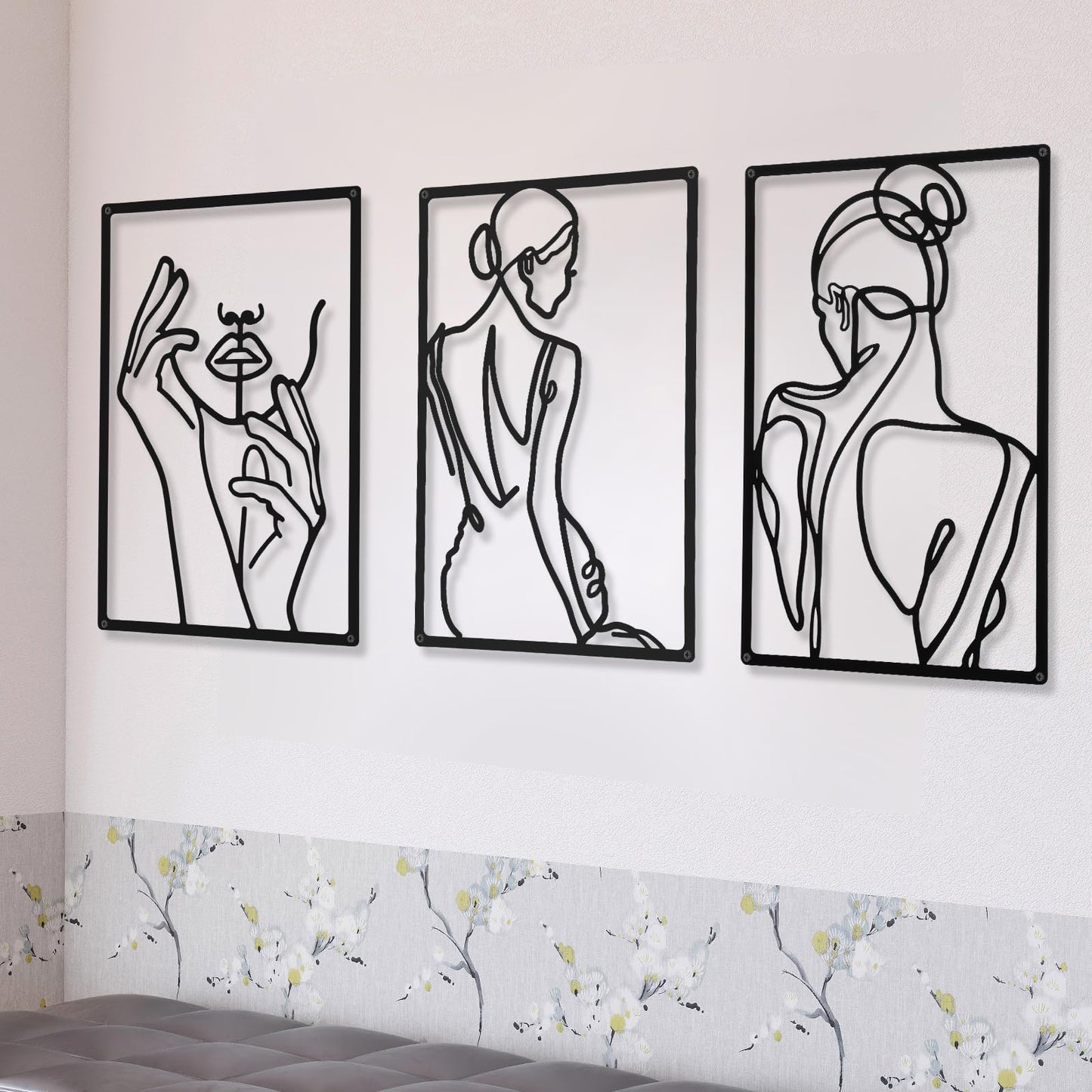 CHENGU 3 Pieces Metal Minimalist Abstract Woman Wall Art Line Drawing Wall Art Decor Single Line Female Home Hanging Wall Art Decor for Kitchen Bathroom Living Room (Black, Hand)