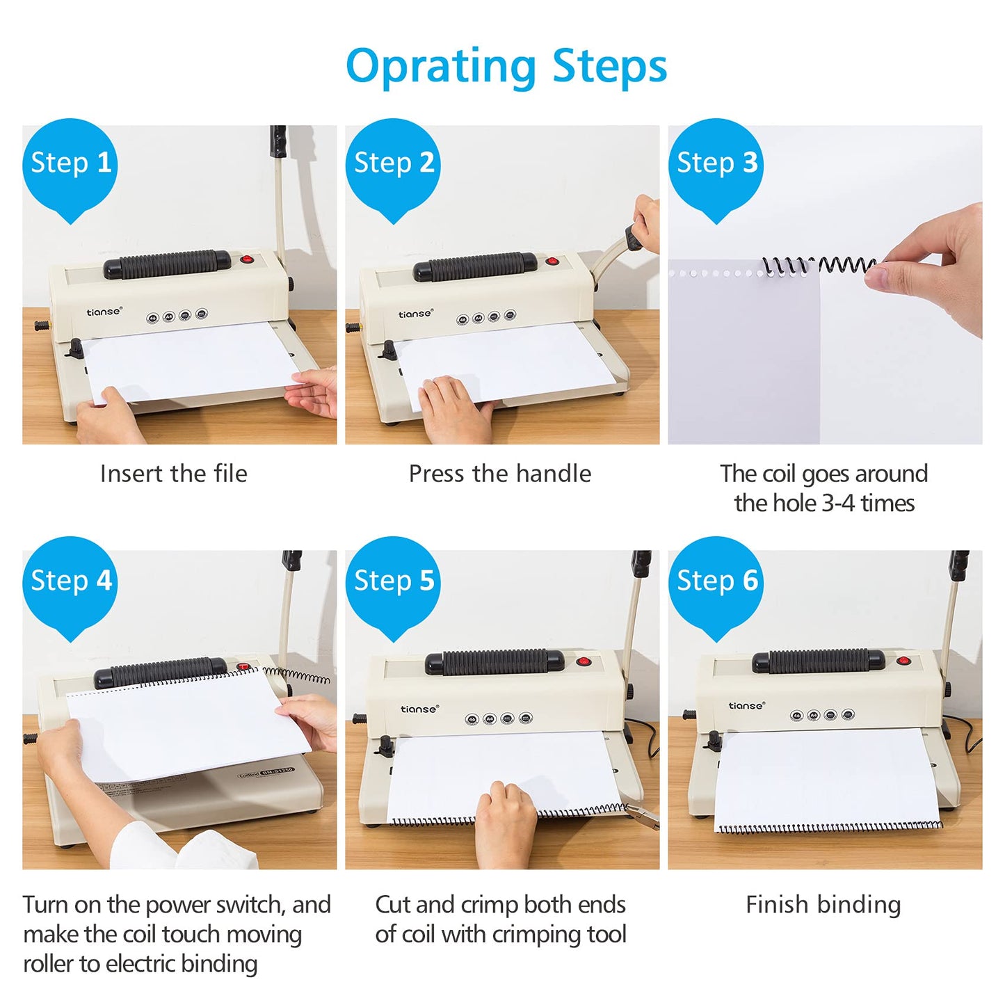 TIANSE Binding Machine, Spiral Coil Binder Machine, Electric Coil Inserter, 15 Sheets Punch Capacity, Suit for Letter Size / A4 / A5 Book Maker, with 100pcs 5/16'' Plastic Coil Binding Spines & Plier