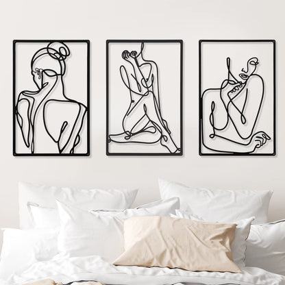 CHENGU 3 Pieces Metal Minimalist Abstract Woman Wall Art Line Drawing Wall Art Decor Single Line Female Home Hanging Wall Art Decor for Kitchen Bathroom Living Room (Black, Hand)