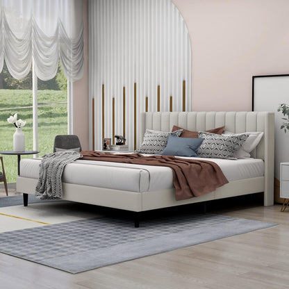 Wooden Twist Modern Rectangular Velvet Upholstery Bed with Soft Wingback Headboard Transform Your Bedroom Into a Sanctuary of Comfort and Style with Our Upholstery Bed (Beige) (Twin)