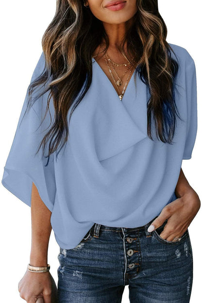 Womens Summer Short Sleeve Blouses Tops V Neckline Casual Chiffon Shirts and Tops Loose Fit Tunic T-Shirt Office Work Shirts for Women Ladies