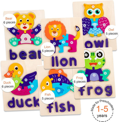 6 Pack Wooden Puzzles for Toddlers, Toddler Puzzles with Animal Shapes Alphabet Spelling Puzzles Preschool Educational Toys Animal Shape Puzzles Educational Early Learning Activities for 1-3 Kids