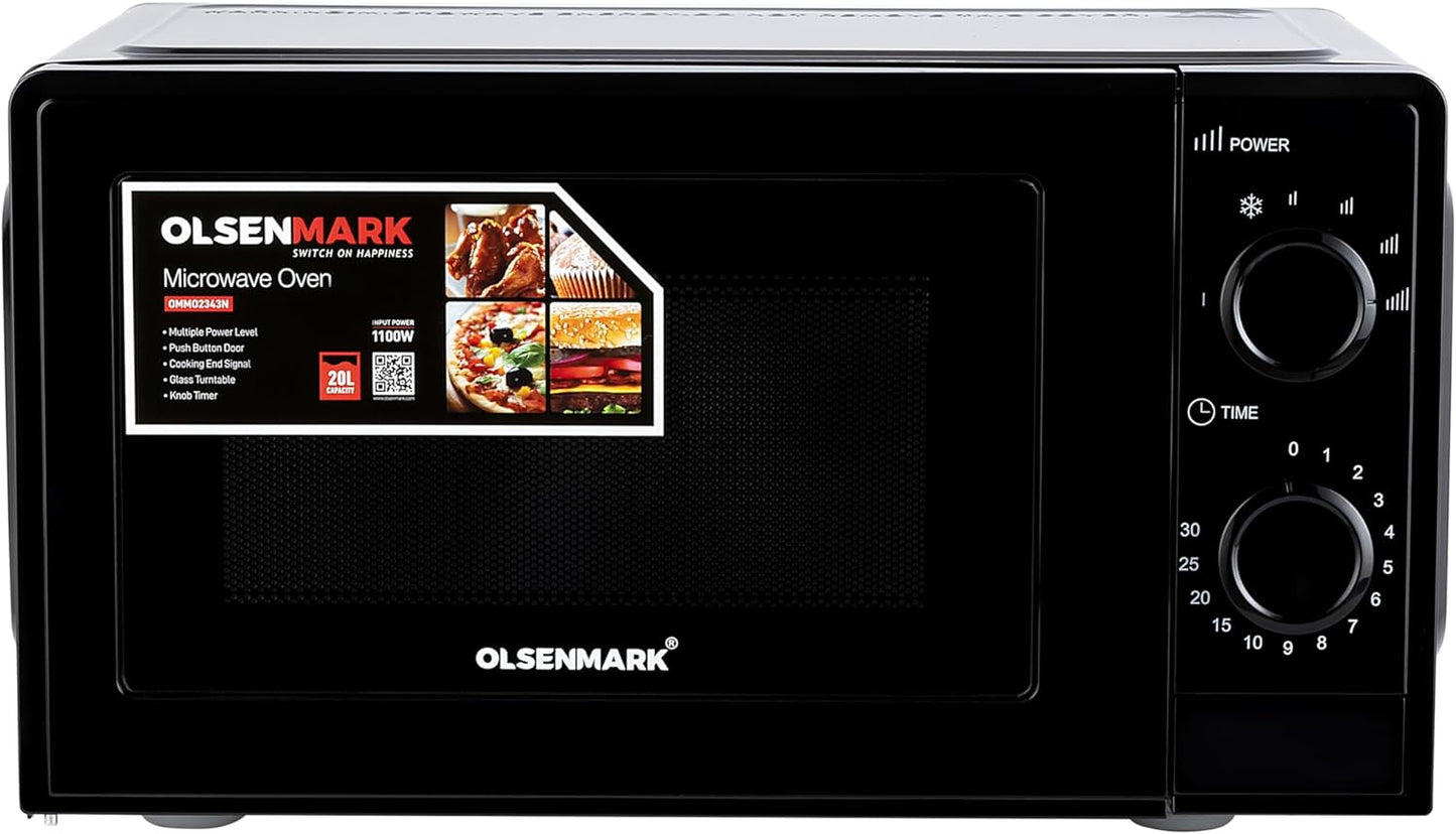 Olsenmark Microwave Oven; 20L - Multiple Power Level - End Cooking Signal - Glass Turntable Tray - Cooking Timer - Glass | Ideal For Grill; Roast; Bake & More"Min 1 year manufacturer warranty"