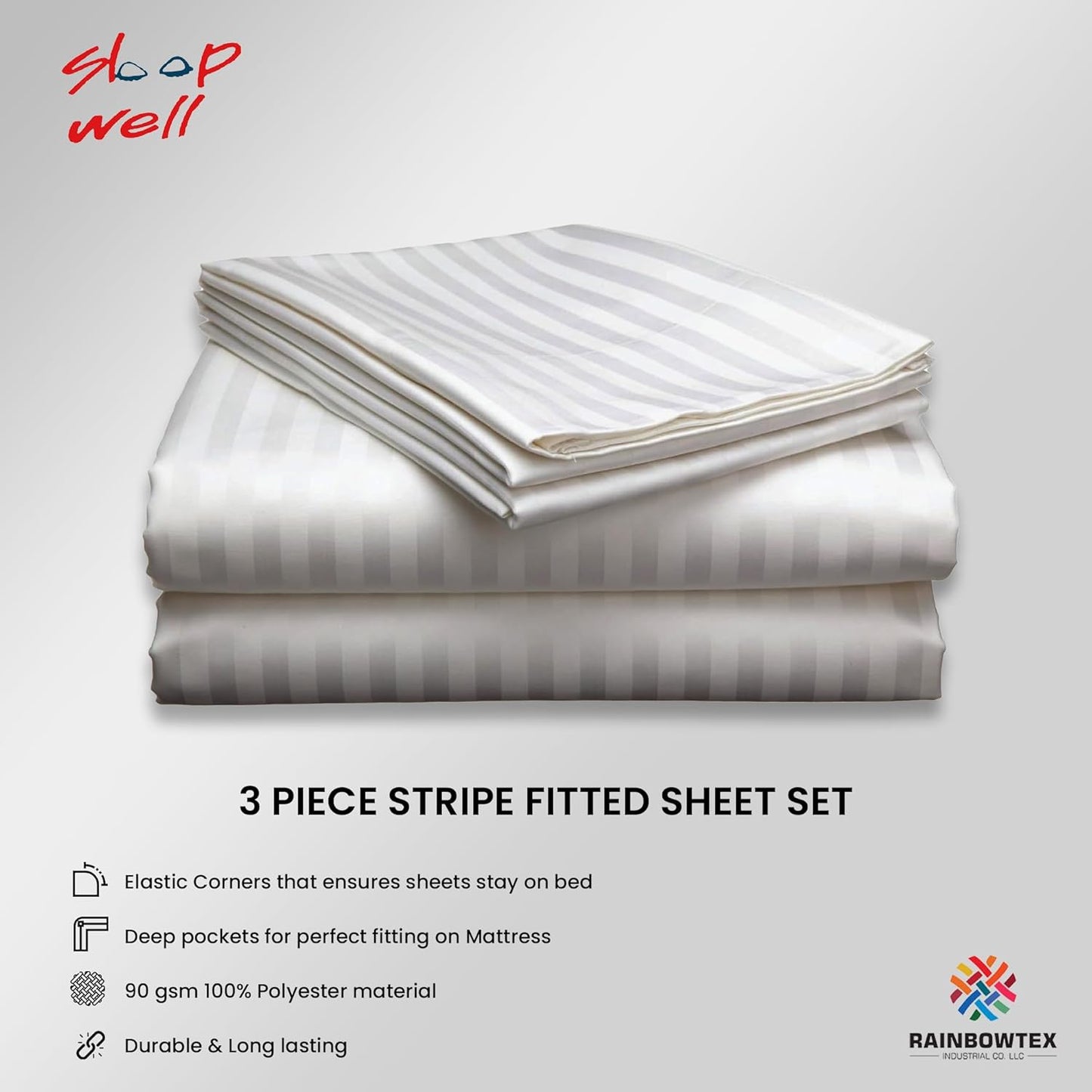 Sleep Well Microfiber Stripe Fitted Sheet with 2 Pillowcase Set - 150x200+17cm (White)