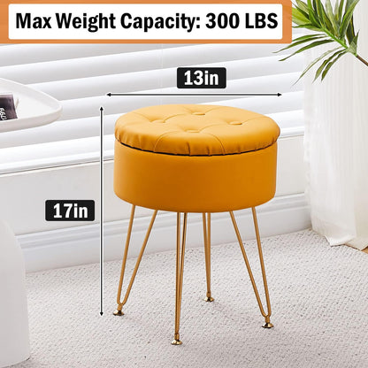 Cpintltr Faux Leather Storage Ottoman Round Footrest Stool Multifunctional Upholstered Ottoman with Metal Legs Modern Vanity Stools Tray Top Coffee Table Suitable for Living Room Bedroom Black