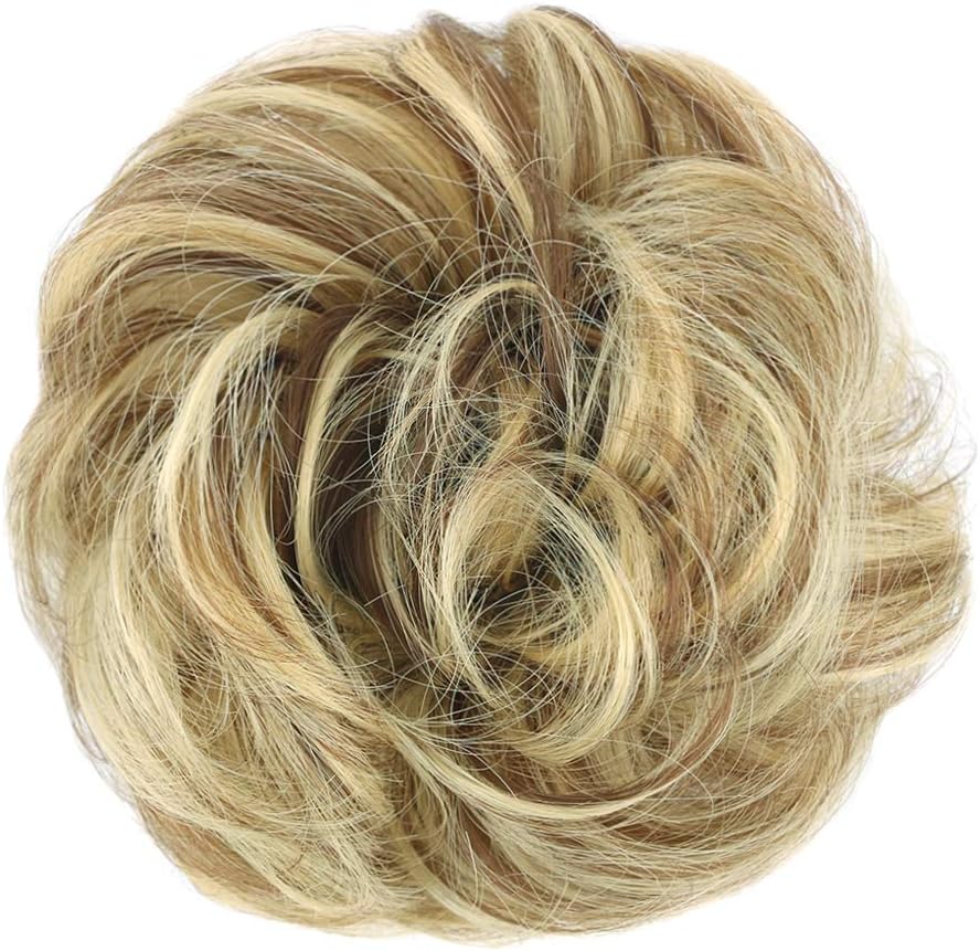 MORICA 1PCS Messy Hair Bun Hair Scrunchies Extension Curly Wavy Messy Synthetic Chignon for Women (12AH613(Light Golden Brown & Lightest Blonde))