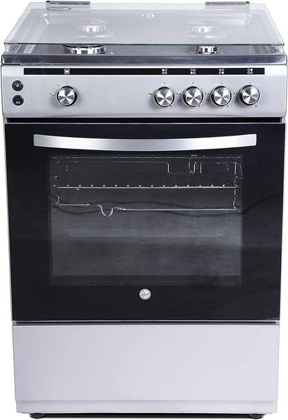 Hoover 60 X 60 Cm Full Gas Cooker And Grill, Full Safety Cooking Range With 4 Burners And Oven, Enamel Pan Support, Auto Ignition, Push Botton Knobs, FGC6060-S1V (Silver)