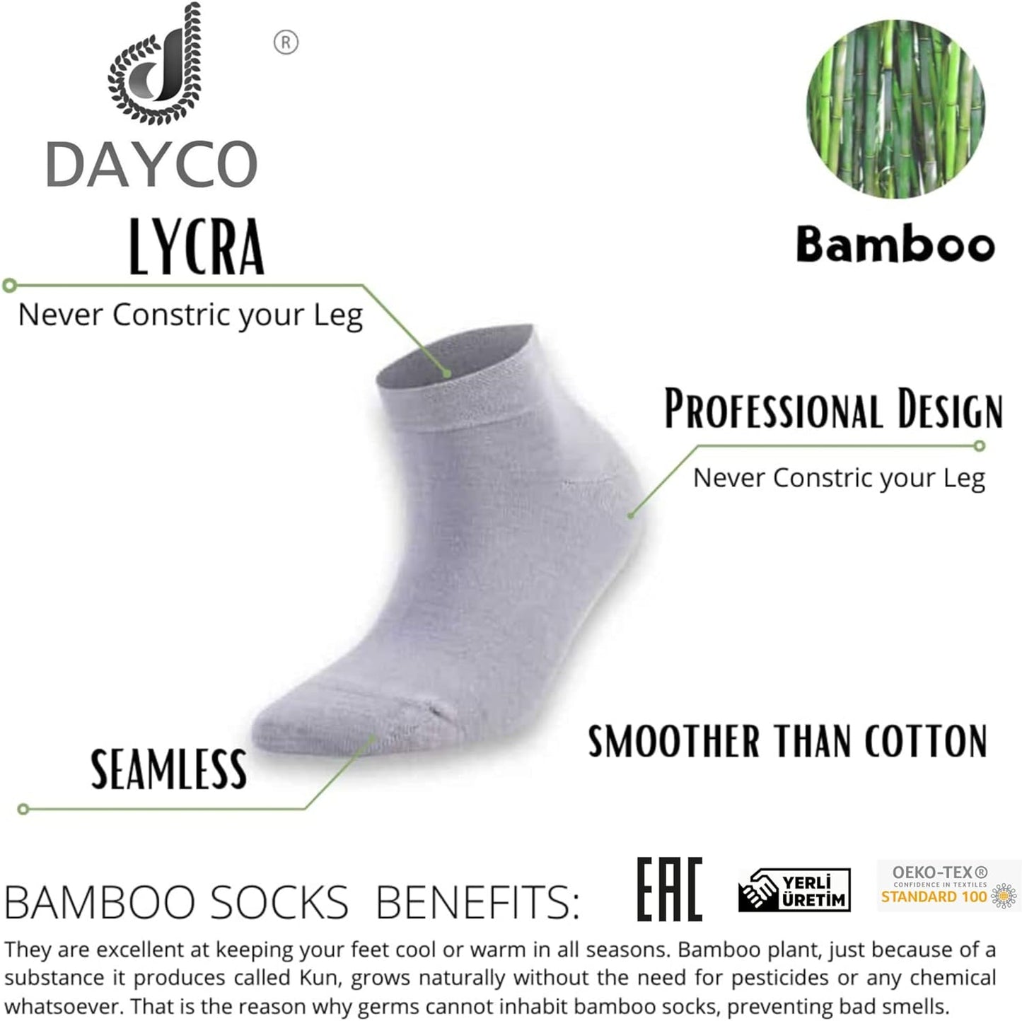 Dayco Men's Ankle Socks, Turkish Ultra Smooth Soft Bamboo ankle Socks Anti Bacterial, Anti Odor 6 Pairs