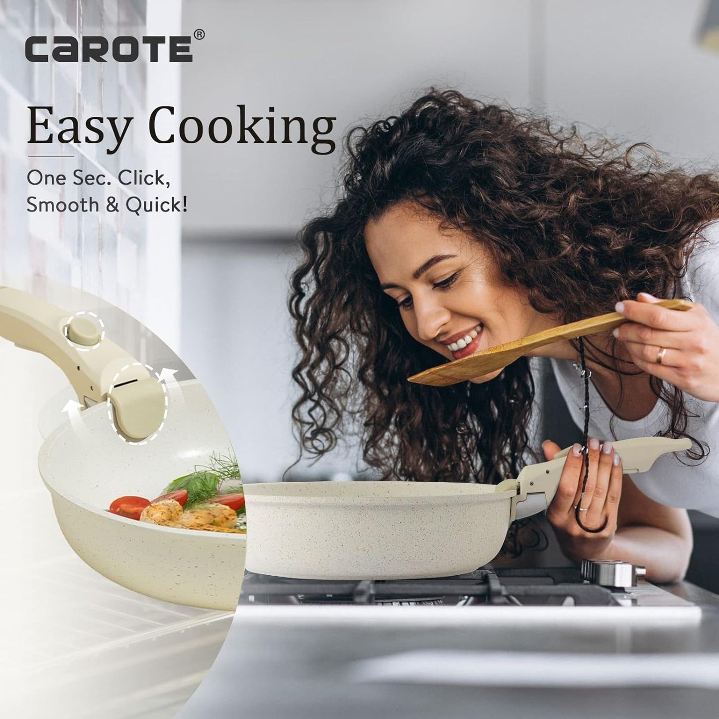 CAROTE 11 Pieces Nonstick Cookware Sets, Cookware Set with Removable handles, Kitchen Cooking Sets, Induction White Granite Cookware, Suitable for All Stoves, Oven Safe