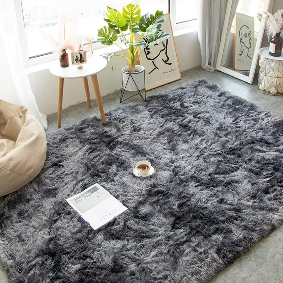 Tinyboy-hbq Area Rugs Shaggy Carpet for Living Room Bedroom Large Fluffy Carpet Modern Non-Slip Mat Multisize Rug Indoor Home Decor (Gray White, 80 x 120 cm)