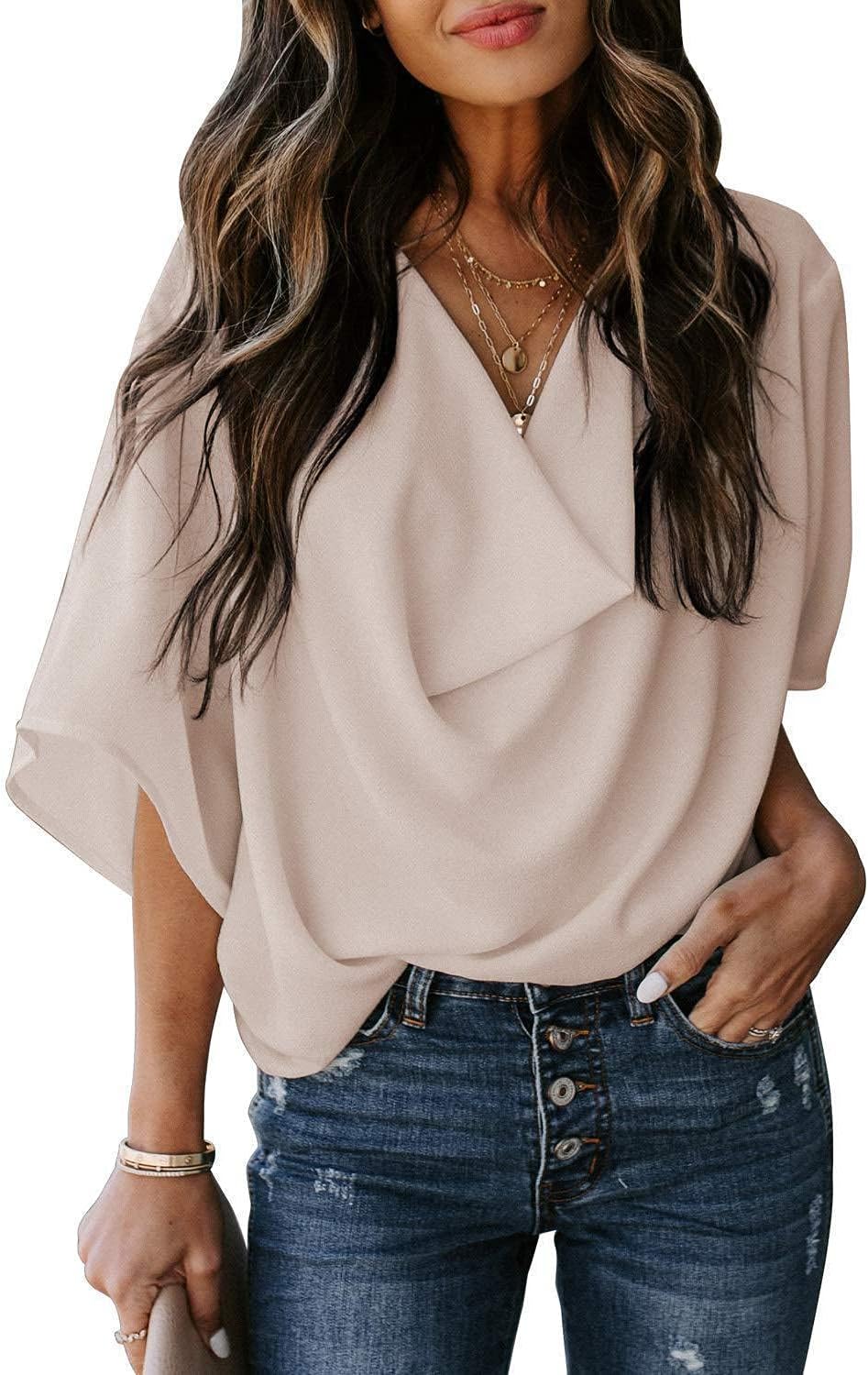 Womens Summer Short Sleeve Blouses Tops V Neckline Casual Chiffon Shirts and Tops Loose Fit Tunic T-Shirt Office Work Shirts for Women Ladies