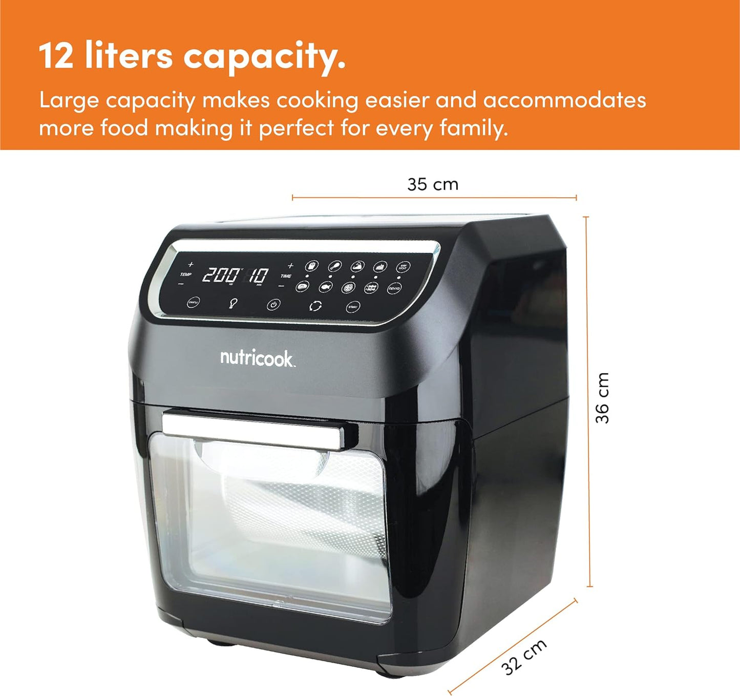 Nutricook Air Fryer Oven, 1800 Watts, Digital/One Touch Control Panel Display, 8 Preset Programs, 12 Liters, Black