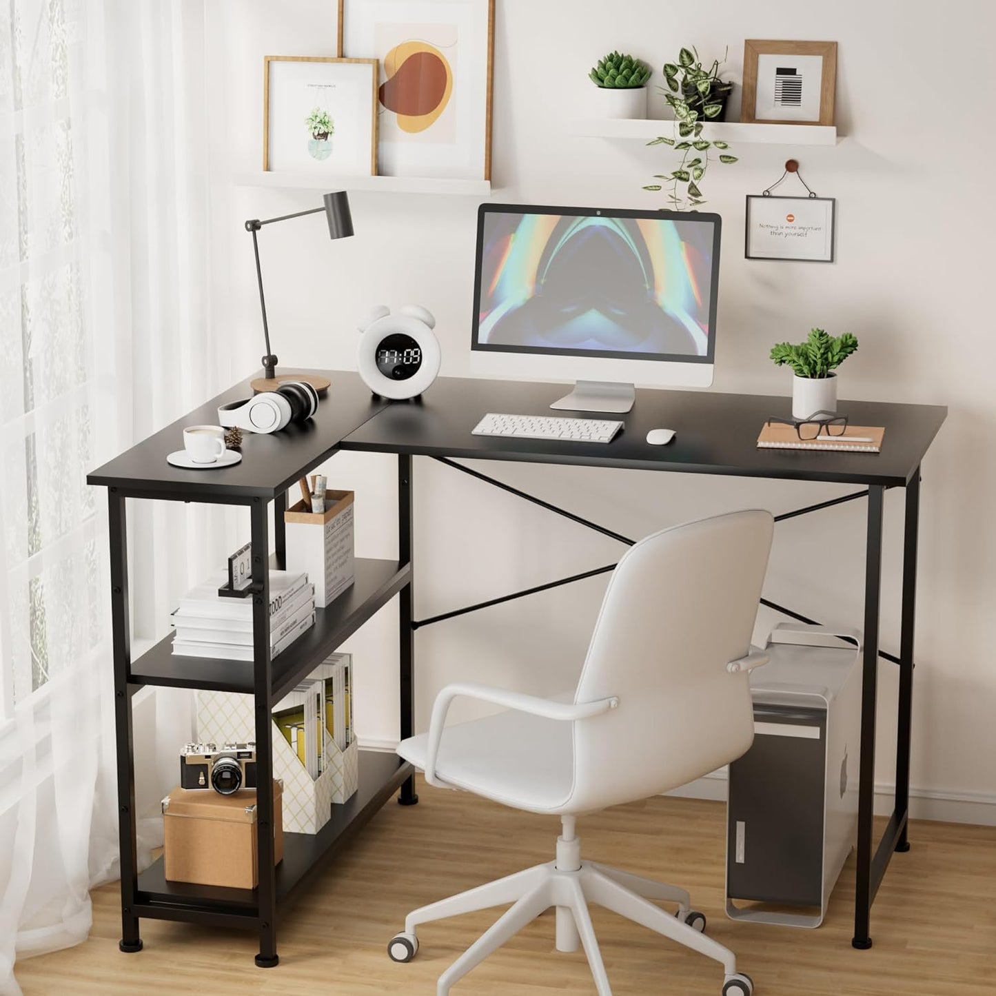 WWI Office Desk L Shaped Computer Desk 110cm Desk Table with Storage Shelves Modern Study Desk for Home Office Workstation (Black)