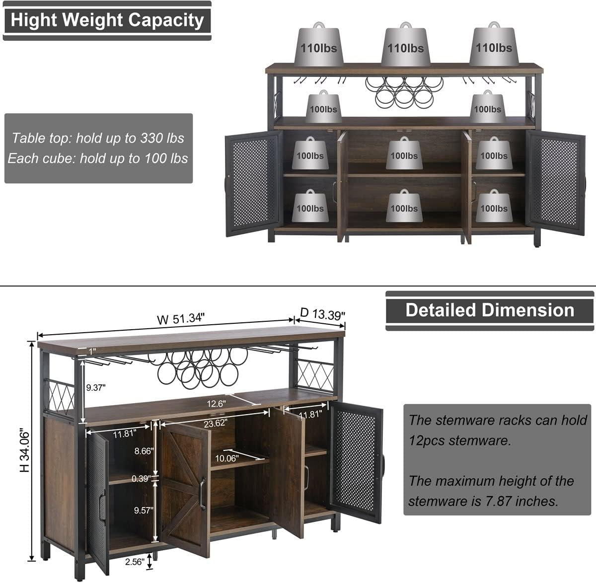 Aubtik Farmhouse Liquor Cabinet Bar for Home, Large Coffee Bar Cabinet with Storage, Rustic Buffet Sideboard with Wine Rack and Glass Holder, 51.34" (Walnut Brown)