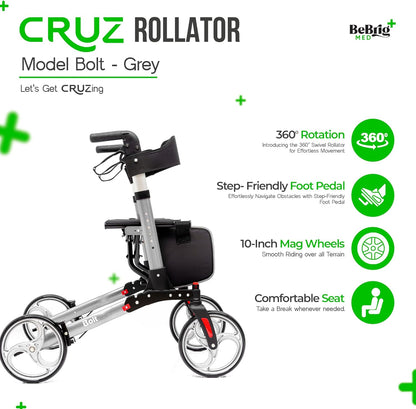 BeBrig Med Bolt Walker Rollator - Compact, Lightweight, and Durable Mobility Aid for Seniors, Walkers with Seat, Wheels, Cup and Cane Holder, Hidden Cables, Indoor and Outdoor Use (Silver)