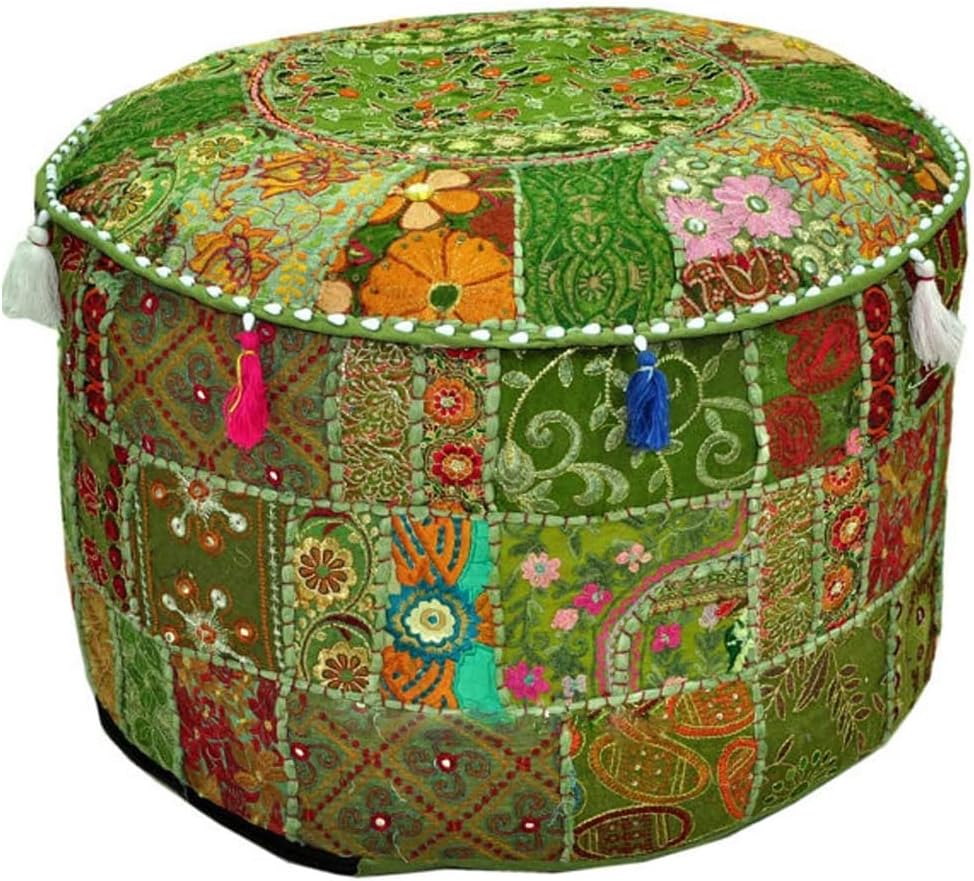 Aakriti Gallery Indian Pouf Footstool Ethnic Embroidered Pouf Cover, Indian Cotton Round Pouffe Ottoman Pouf Cover Pillow Ethnic Decor Art - Cover Only (Yellow, 18x13)