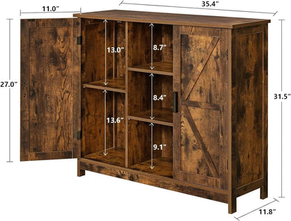 ROYAL POLAR Kitchen Cabinet Buffet Cabinet Storage Cabinet with 2 Barn Doors and 3 Adjustable Shelves, Open Compartment Storage Sideboard for Dining Room, Living Room， Rustic Brown