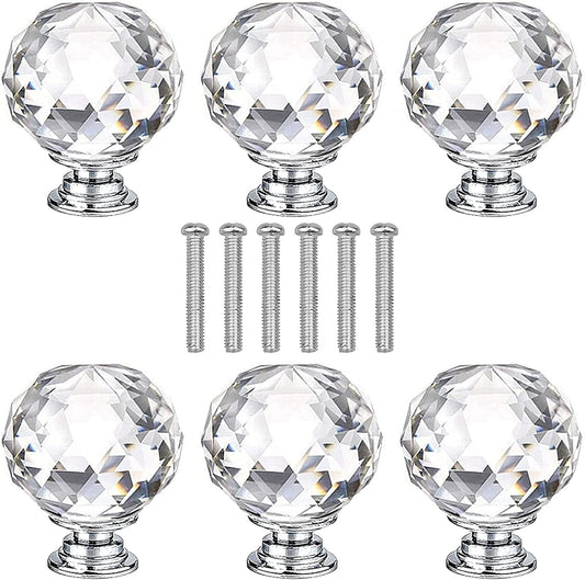 Round Crystal Glass and Chrome Door Knobs Set, Vintage, Shabby Chic, Interior Furniture, Kitchen Bathroom Bedroom Accessories, Cabinet Cupboard Drawers Pulls Handles, 40mm (6-Pack)