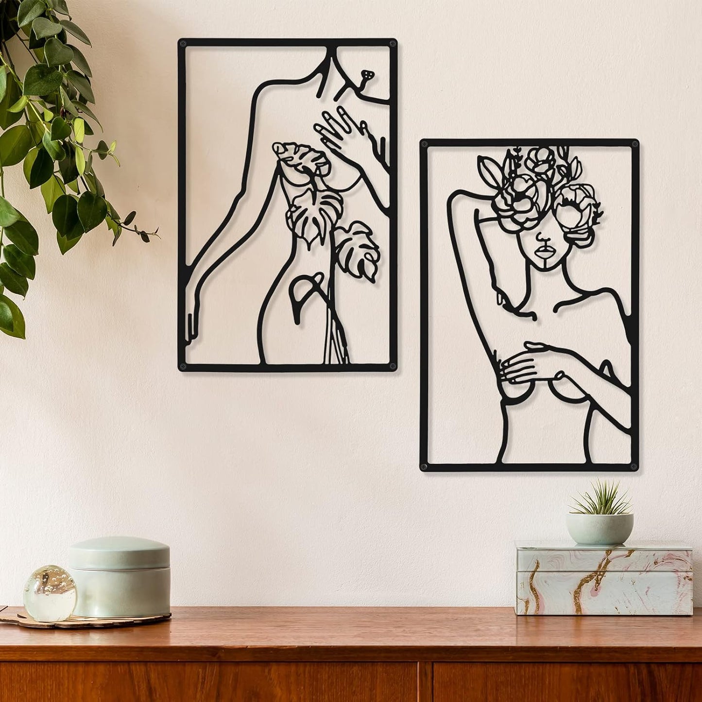 CHENGU 3 Pieces Metal Minimalist Abstract Woman Wall Art Line Drawing Wall Art Decor Single Line Female Home Hanging Wall Art Decor for Kitchen Bathroom Living Room (Black, Hand)