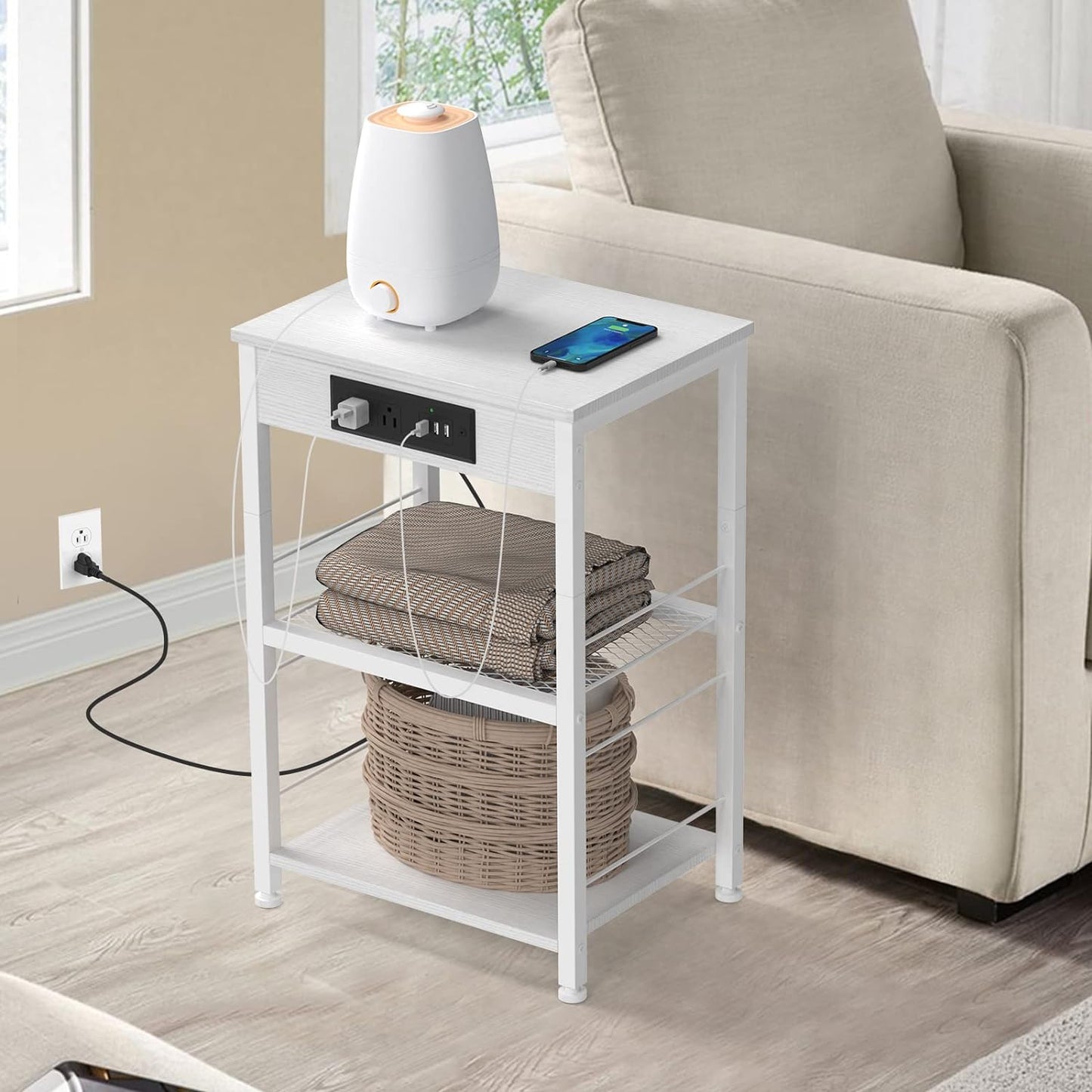 Nightstand with Charging Station End Table with USB Ports and Power Outlets Side Tables Bedroom with Storage Shelves Industrial End Table 3 Tier in Living Room Bedside, Brown