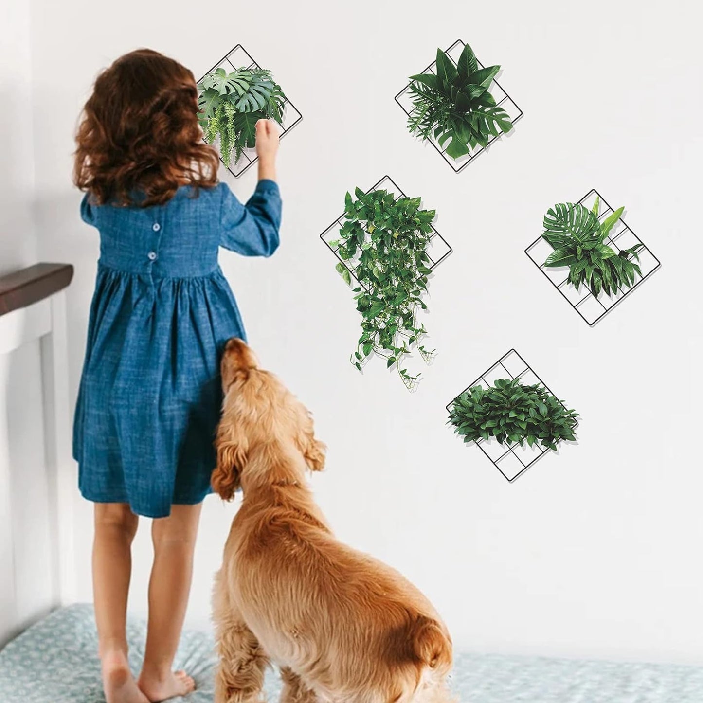 Magic 3D Effect Vivid Green Plants Monstera Leaf Ivy Grid Wall Decor Decal, Vinyl Removable Green Leaves Wall Stickers for Bedroom Living Room Office Kitchen Decorations, Set of 5(12”X12”)