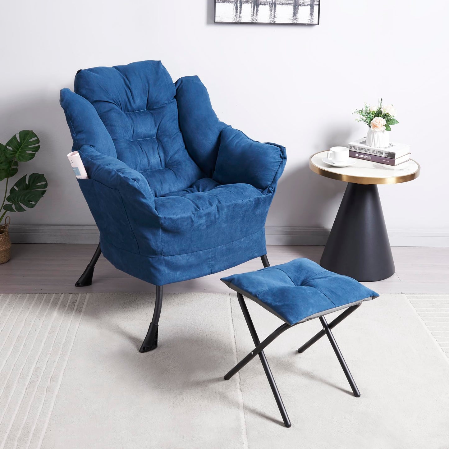 Panana Armchair Accent Chair Lazy Chair Lounge Chair with Armrests Fabric Leisure Sofa Chair with Footstool (Dark Grey)