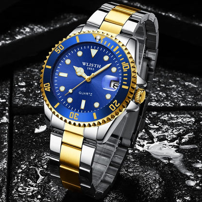 DEAVALLY Men's Watch Fashion Multifunctional Personality Business Casual Stainless Steel Strap Waterproof Analog Quartz Gift Watch Gold Blue