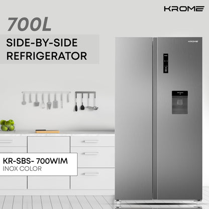 KROME 600L Gross, Side By Side Refrigerator with Multi Air Flow System, Electronic Touch Temperature Control, Door Alarm, No Frost Cooling System, 10 Year Compressor Warranty, Silver- KR-SBS601SM