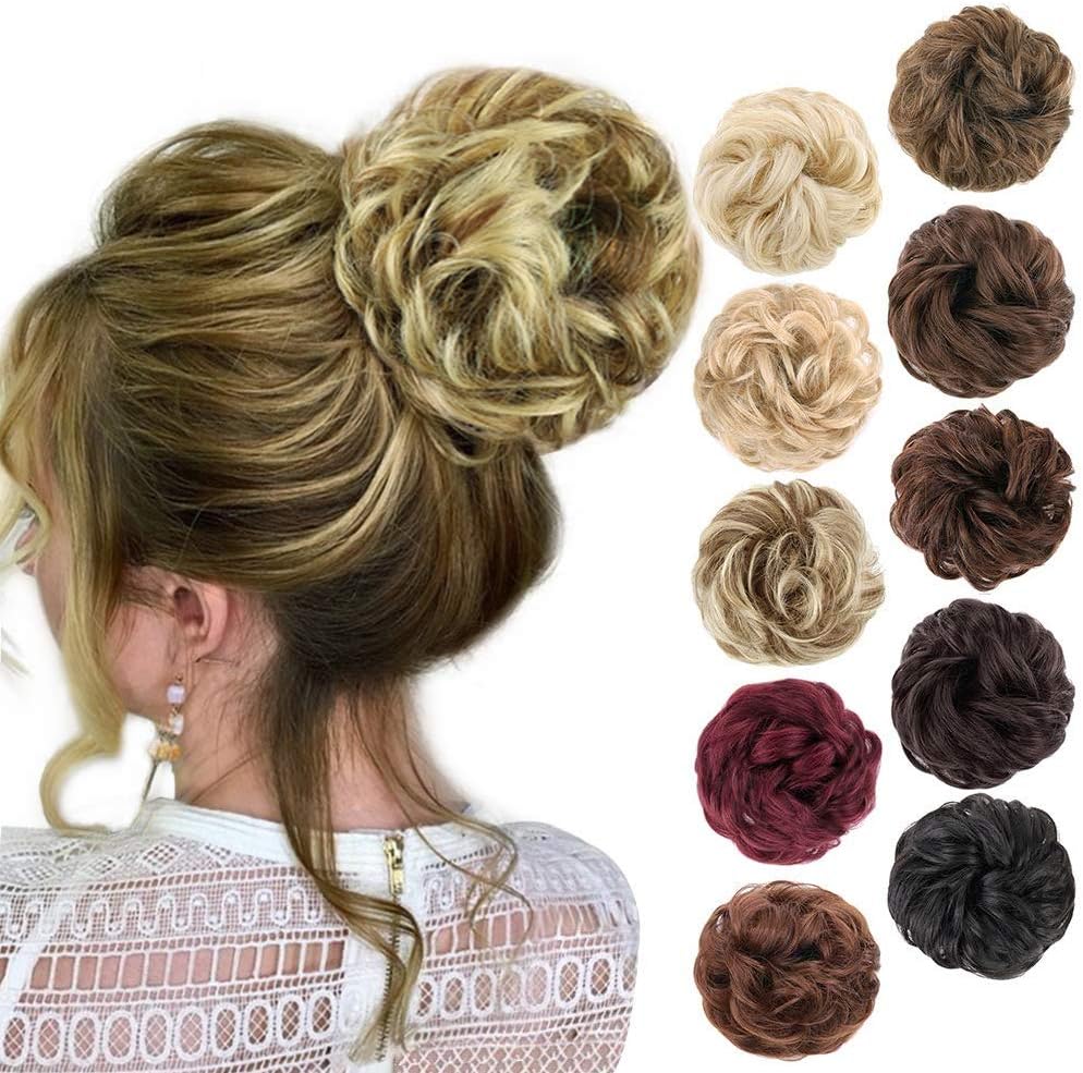 MORICA 1PCS Messy Hair Bun Hair Scrunchies Extension Curly Wavy Messy Synthetic Chignon for Women (12AH613(Light Golden Brown & Lightest Blonde))