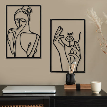 CHENGU 3 Pieces Metal Minimalist Abstract Woman Wall Art Line Drawing Wall Art Decor Single Line Female Home Hanging Wall Art Decor for Kitchen Bathroom Living Room (Black, Hand)