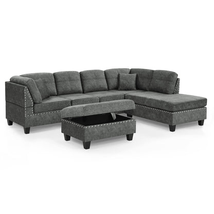 Evedy Living Room Furniture Sets,Sectional Sofa with Storage Ottoman,L-Shaped Two Cup Holders and 2 Pillows&Extra Wide Reversible Chaise,Upholstered Couch for Large Space Apartments, Gray F