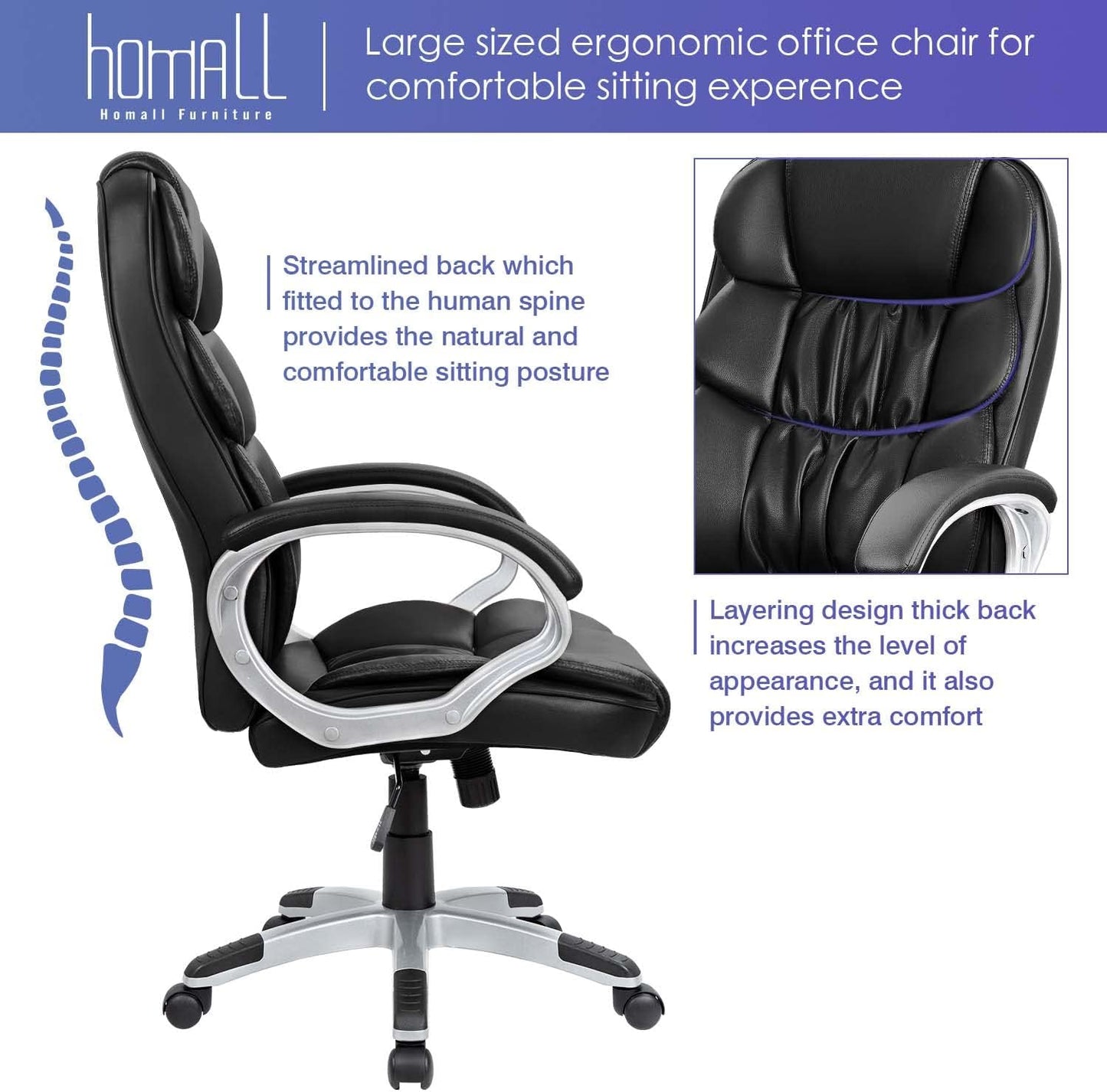 Homall Office Chair High Back Computer Desk Chair, PU Leather Adjustable Height Modern Executive Swivel Task Chair with Padded Armrests and Lumbar Support (Black)