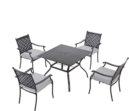 LOKATSE HOME 5 Piece Outdoor Dining Set Patio Chairs Square Table with Umbrella Hole, Beige