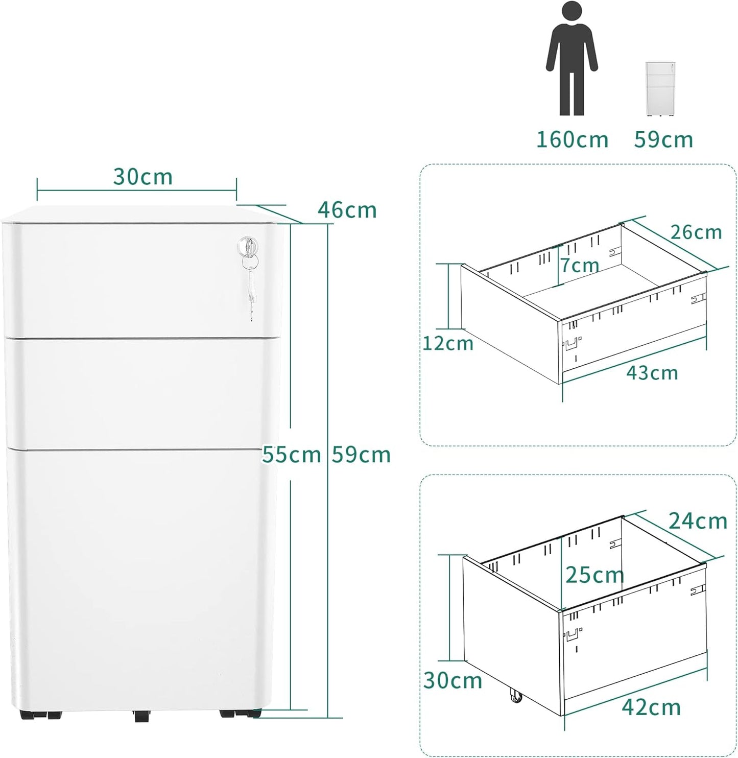 YITAHOME Fully Assembled Metal File Cabinet with 3 Lockable Drawers, Mobile Filing Cabinet for Home Office, Under Desk File Office Drawers for Letter/Legal/A4, Black, 30 x 46 x 59cm