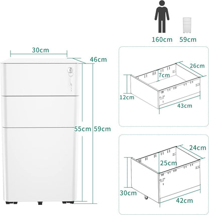 YITAHOME Fully Assembled Metal File Cabinet with 3 Lockable Drawers, Mobile Filing Cabinet for Home Office, Under Desk File Office Drawers for Letter/Legal/A4, Black, 30 x 46 x 59cm