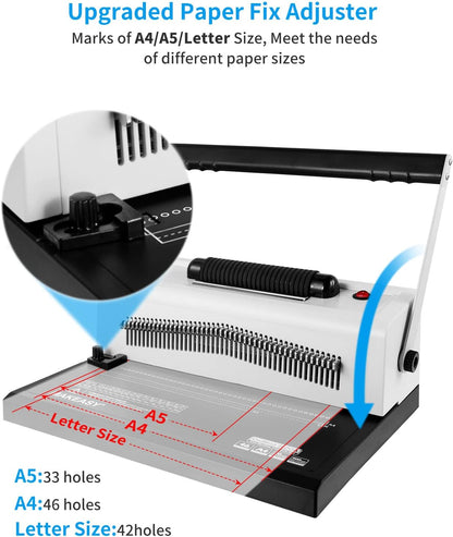 MAKEASY Spiral Coil Binding Machine for Letter Size/A4/A5- Manual Hole Punch - Disengaging Pins - Electric Coil Inserter - Adjustable Side Margin, with Free 100pcs Plastic Coil Spines & Crimper