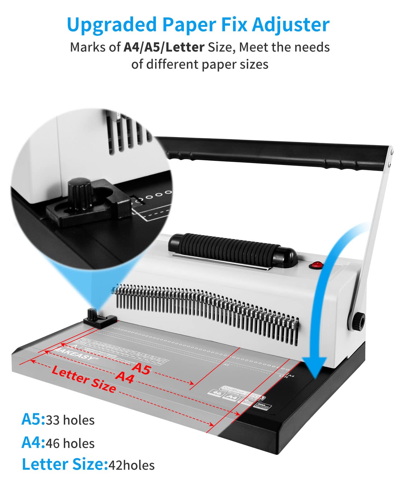 MAKEASY Spiral Coil Binding Machine for Letter Size/A4/A5- Manual Hole Punch - Disengaging Pins - Electric Coil Inserter - Adjustable Side Margin, with Free 100pcs Plastic Coil Spines & Crimper