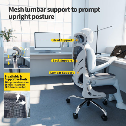 HOLLUDLE Ergonomic Office Chair with Foldable Backrest, Computer Desk Chair with Flip-up Armrests, Mesh Lumbar Support and Tilt Function Big and Tall Office Chair, White