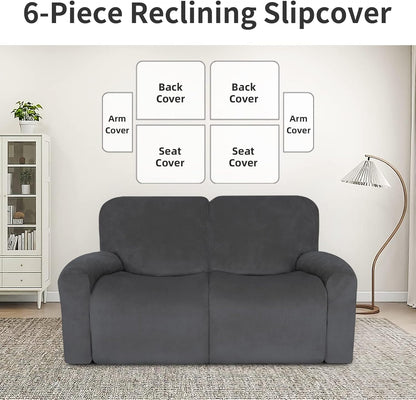 Easy-Going Velvet Reclining Loveseat with Middle Console Slipcover, Stretch 8-Piece Loveseat Reclining Sofa Covers, 2 Seat Loveseat Recliner Slipcover, Thick, Soft, Washable, Gray