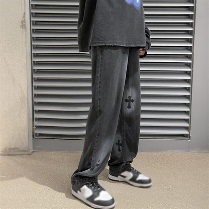 Men Jeans Baggy Straight Relaxed Cargo Work Pants With Pockets, Men's Loose Hip-hop Printed Baggy Denim Jeans